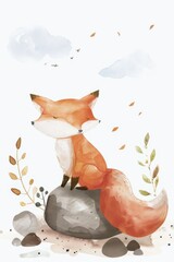Wall Mural - Cute boho nursery print of a orange fox brown rocks infront, simple shape, perfect for kindergarten, pastel color, white background, generated with AI