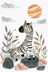 Poster - Cute boho nursery print of a zebra brown rocks infront, simple shape, perfect for kindergarten, pastel color, white background, generated with AI