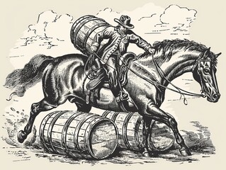Horse pulling whiskey barrels engraving style, generated with AI