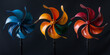 Windrad in bunten leuchtenden Farben mit schwarzen Hintergrund und Platzhalter, ai generativ
