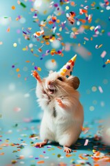 Wall Mural - Joyful hamster in a birthday cap celebrates victory, throws up confetti, blue background , generated with ai