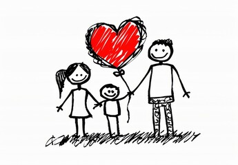 Wall Mural - Naive children's drawing with black lines on a white background, a family, heart shape, generated with AI