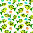 Yellow and green sea fish. Marine underwater seamless pattern, watercolor art in ocean kids style, for decorating children room, package, scrapbook, school, nursery, invitation, print, postcard