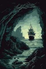 Wall Mural - Watching a ship at sea through the rocks inside a cave, dusk, fantasy, vintage drawing, vector , generated with ai