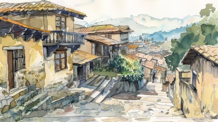 Wall Mural - watercolor painting of a street scene in mexico, street going up a hill, traditional mexican style, generated with AI