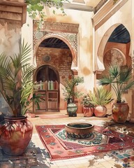 Wall Mural - Exterior of an morocco home with large pots and arches, watercolor illustration, generated with AI