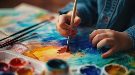 close up of happy children hands holding paint brush and painting picture with colorful watercolors.