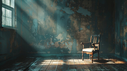 A chair is sitting in a room with a wall that is covered in peeling paint