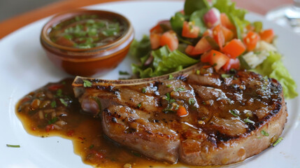 Wall Mural - Delicious colombian pork chop meal with fresh side salad and spicy aji sauce on a white plate