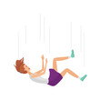 Unhappy woman falling down, female character flying air current vector illustration