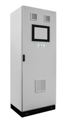 Poster - A white electrical box with a black base. The box has a green light on it