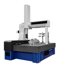 Poster - The Coordinate Measuring CMM Machine isolated on a white background.  Repair motor block of cylinders, operator inspection dimension aluminium automotive par in