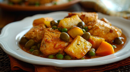 Wall Mural - Hearty colombian chicken stew with potatoes, peas, and olives served on a white ceramic plate, close-up shot