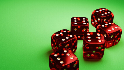 Fototapete - Gambling game banner. Six red dice on the green table. 3d render.