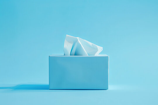 Light blue tissue box on blue background. Cold and flu concept. Minimal monochromatic composition
