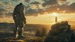 © Iva - Illustration of a giant standing on a rock dressed in ancient clothes, next to him is an ordinary man