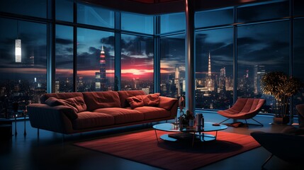Wall Mural - a living room with a couch and a chair in it and a view of the city at night from the window..