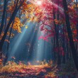 Autumn Forest Nature. Vibrant morning in the colorful forest with sun rays through the branches of the trees. Landscape of nature with sunlight 