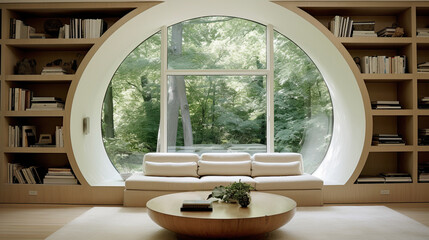 Wall Mural - Circular Window Framing Nature Greenery in A Cozy Room with Circular Wooden Coffee Table