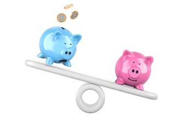 Poster - blue and pink piggy banks on imbalance seesaw, concept of social inequality, family budget. 3d rende