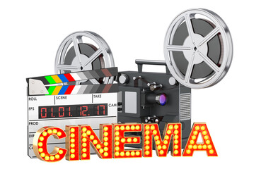 Poster - Filmmaking and film distribution concept. Cinema projector with clapperboard and cinema signboard from golden light bulb letters. 3D rendering isolated on transparent background