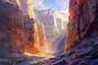 © Sataporn - The sun shines brightly over a beautiful canyon landscape. The red and orange rocks are worn away by the wind and water, creating a stunning scene.