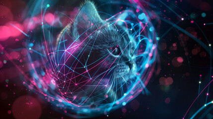 A cat is inside a glowing sphere of light