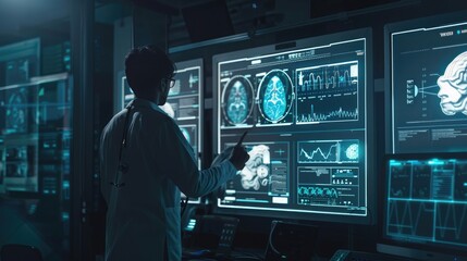 Wall Mural - An advanced concept of a smart healthcare system utilizing AI and data analysis, with a screen displaying medical data and information