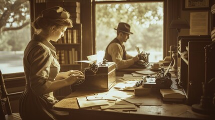 Two women seated at a table with a typewriter, sharing a conversation in a building with a window overlooking the street. AIG41