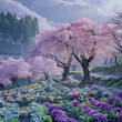 Blooming pink sakura in the mountains. Multi-colored vegetable garden with cauliflower and flowers in the foreground. Japanese landscape. Square frame.