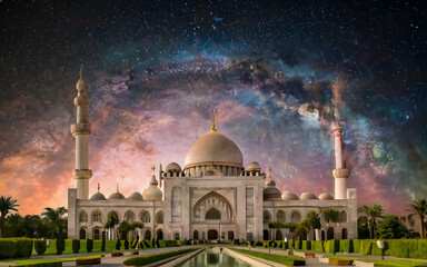 Wall Mural - view of the mosque with a beautiful galaxy sky background