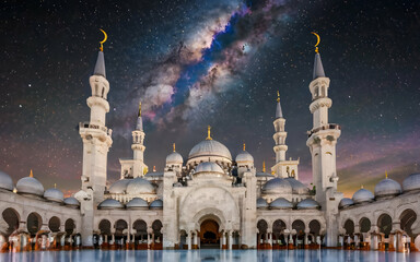 Wall Mural - view of the mosque with a beautiful galaxy sky background