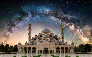 Wall Mural - view of the mosque with a beautiful galaxy sky background