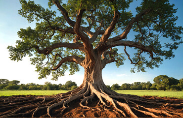 A large tree with a thick trunk and many roots