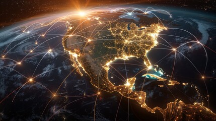 Wall Mural - Global network of communication lines connecting North America, South America and Europe on Earth's surface against a dark background
