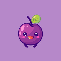 Wall Mural - A cartoonish purple plum with a green leaf on top. The fruit is smiling and he is happy