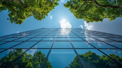 Abstract building glass reflection with green tree, blue sky and white cloud background for sustainable environment business concept design.