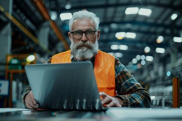 A person wearing a high-visibility vest is using a laptop in an industrial environment.