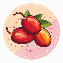Wall Mural - Three red fruits Tamarillo with green leaves on top. The fruits are ripe and ready to eat. The image has a bright and cheerful mood, with the fruits being the main focus
