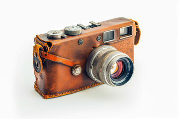 A vintage camera with a brown leather case, lens pointing directly at the viewer, resting on a clean white background.