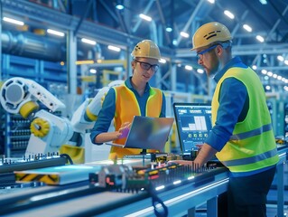 Two engineers in safety gear are monitoring a robotic assembly line in a factory.