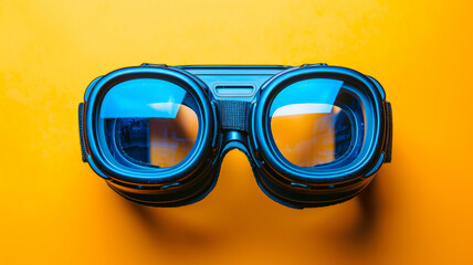 A pair of blue goggles are on an orange background