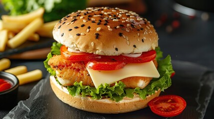 Wall Mural - Delicious fish burger with tomatoes, cheese slices and fresh lettuce . Generative Ai