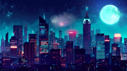 Wall Mural - Animated night sky and shooting stars with cityscape background. looping time-lapse video