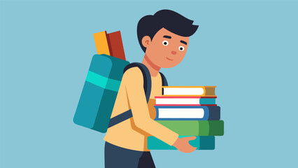 Wall Mural - A parttime student carrying a heavy backpack filled with used textbooks a symbol of their thrifty approach to saving money while obtaining their. Vector illustration