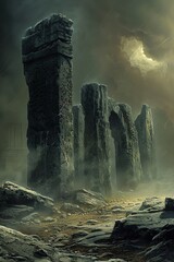 A mysterious and atmospheric portrayal of Stonehenges standing stones in wood