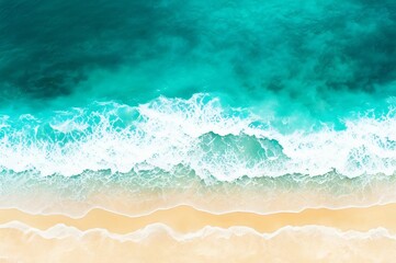 Sea and beach aerial view. Top view, amazing nature background. Beautiful beach of white sand surrounded by crystal clear water. Waves on the beach. Travel and vacation concept