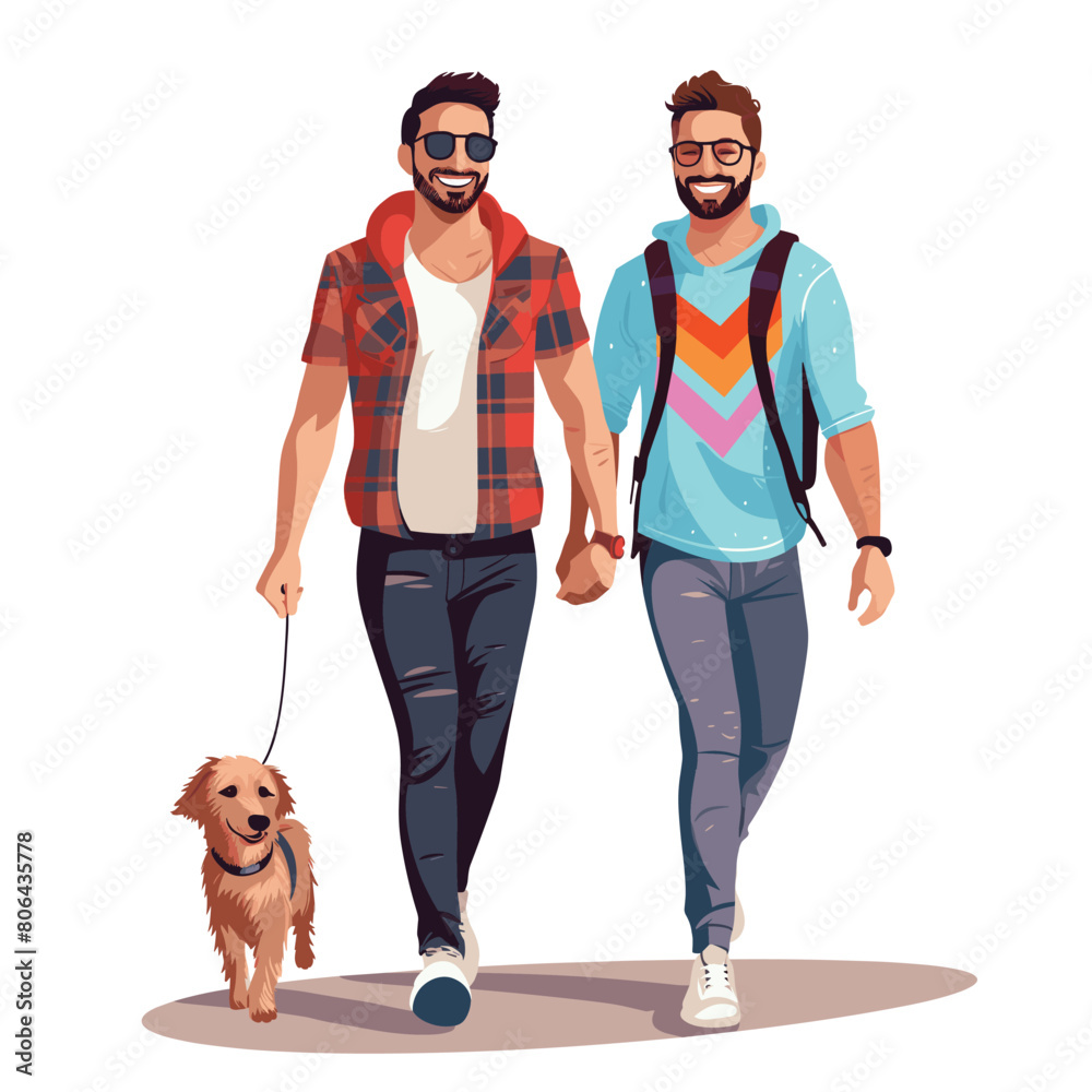 Two men walking dog sunny day casual clothing smiling, gay couple ...