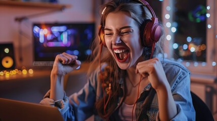 Wall Mural - Cheerful female gamer winning an online game on a laptop