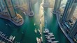 Aerial view on Dubai Marina the most luxury yacht in harbor timelapse. Towers along walking area on a waterfront. Dubai, United Arab Emirates
